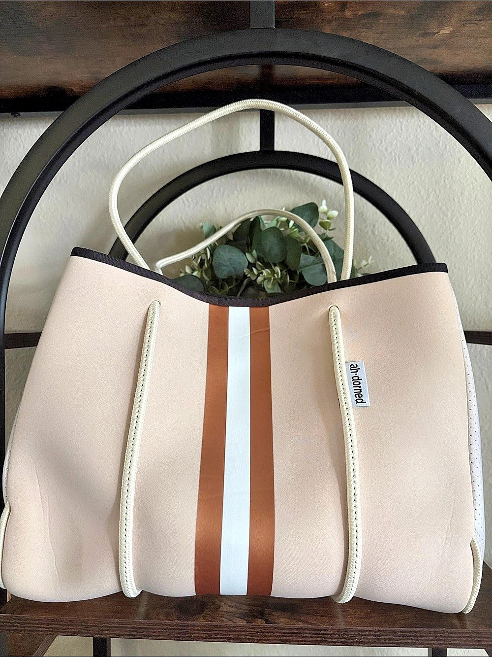 ah-dorned Color Block Neoprene Tote in Gold, Beige & White Like New
